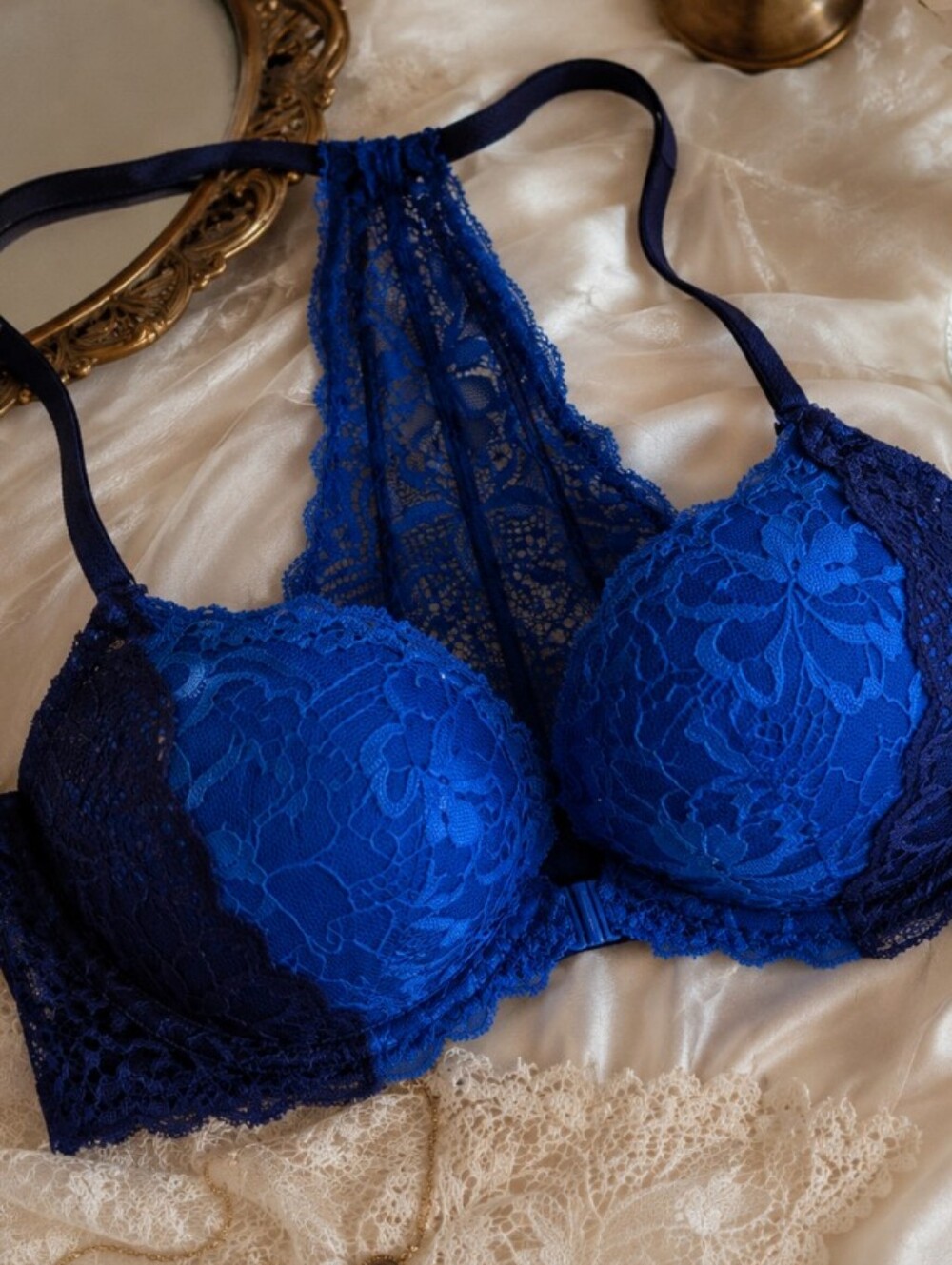 Victoria's Secret PINK Blue Lace Racerback Push-Up Bra 34C Y2K Coquette